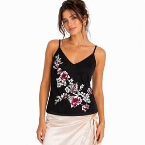 White House Black Market Floral Embroidered Mesh Cami Black XS Y2K Dark Romance
